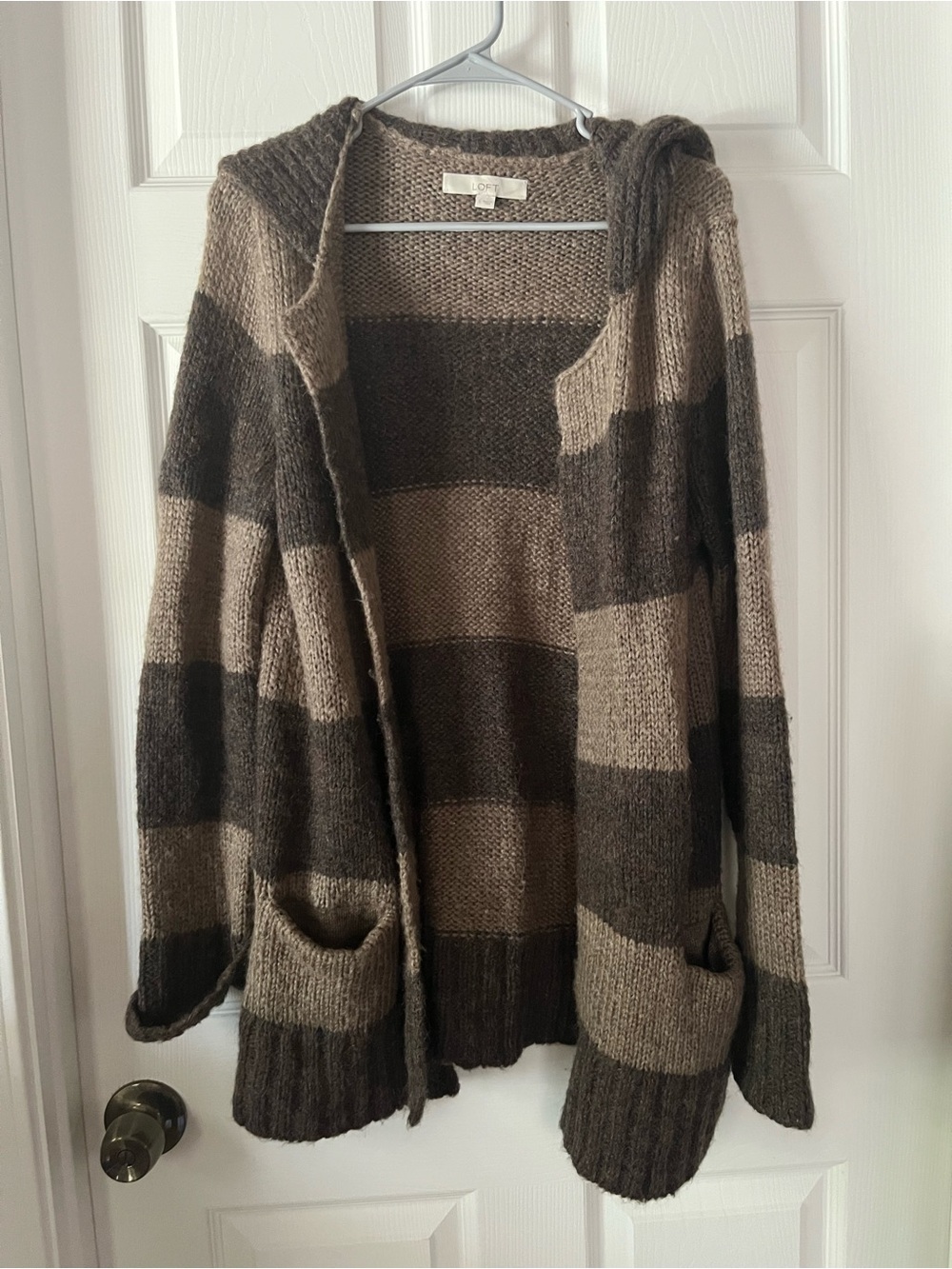 LOFT SzL Collared Open-Front Striped Wool, Mohair Blend Cardigan,Brown and Taupe